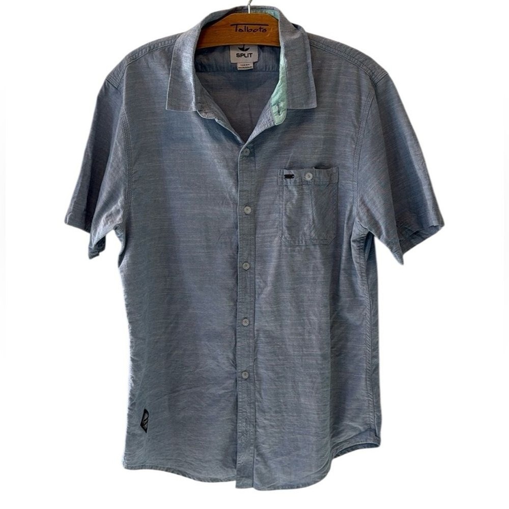 Split Short Sleeve Button Down Mens Shirt Blue Size large Made in USA